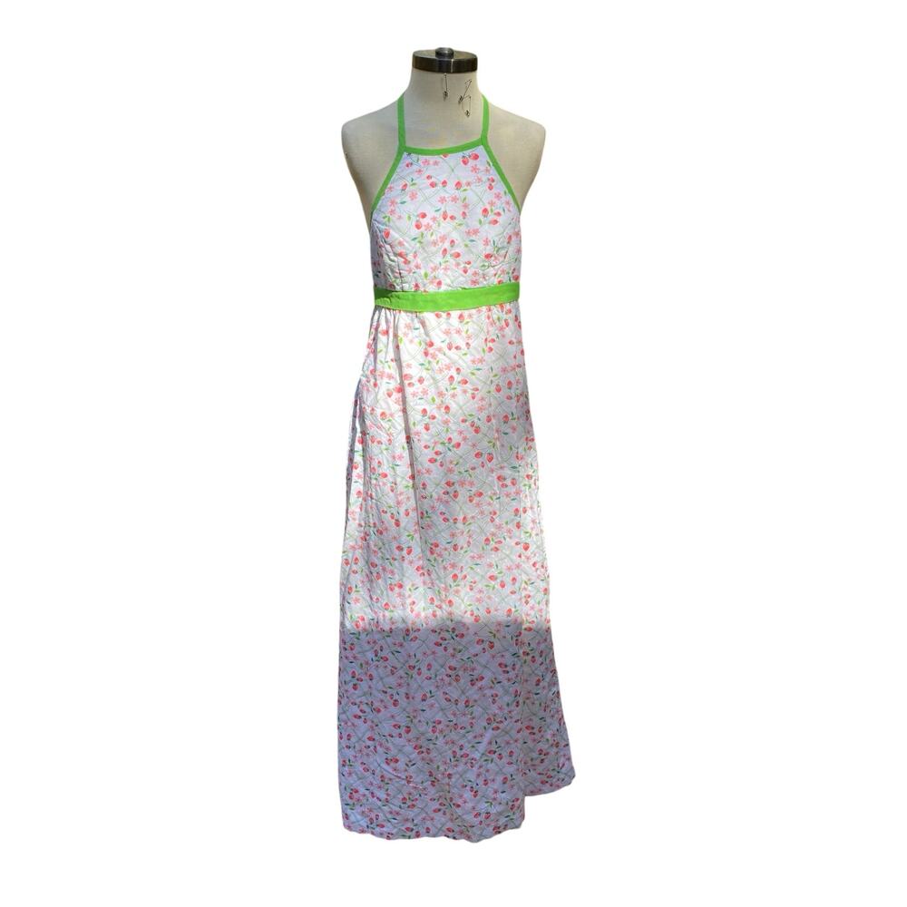 Vintage 1970s Dress 70s Strawberry Print Maxi Dress White Green XS Halter Tie